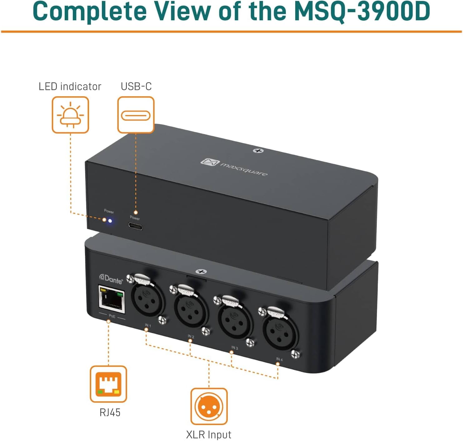 Dante Audio 4 Channel Analog Audio Network Interface Box, Four 3-Pin XLR inputs, PoE, Aluminum Housing, TAA Compliant (MSQ-3900D)