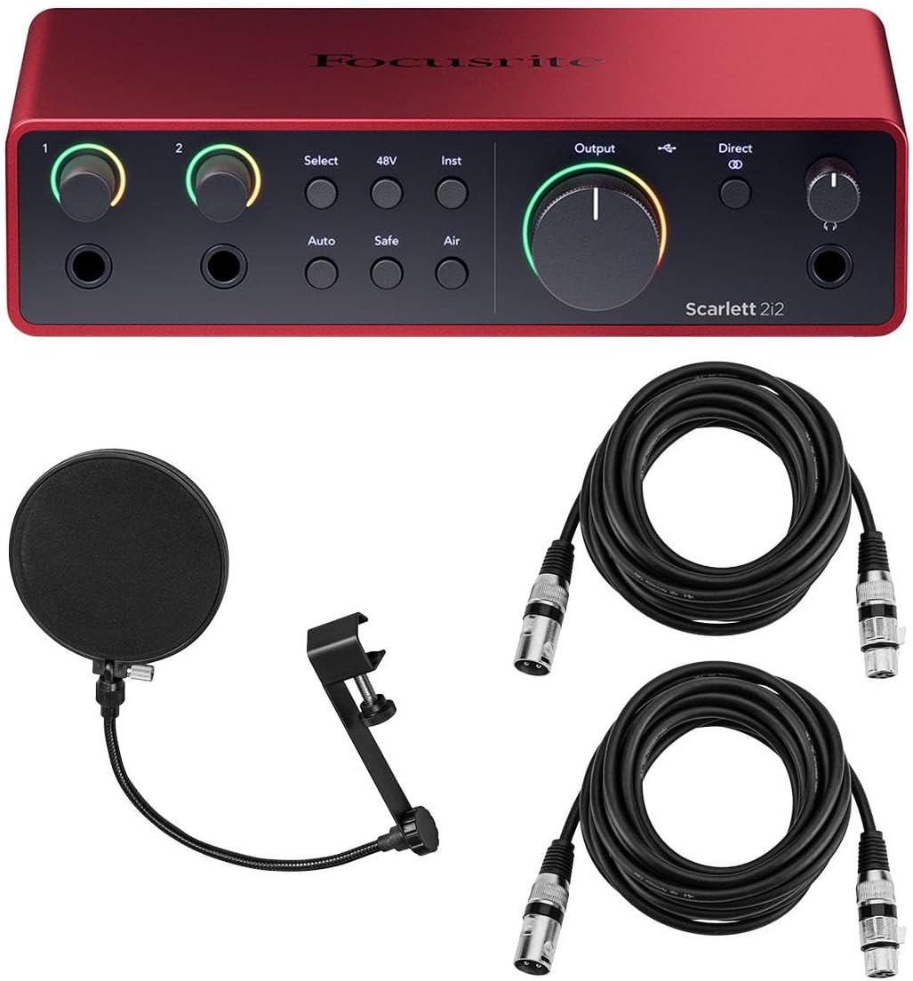 Focusrite Scarlett 2i2 4th Gen USB Audio Interface with Software Suite, Bundle with 2x 15' XLR Microphone Cables and Pop Filter with Gooseneck and Adjustable Knob (4 items)