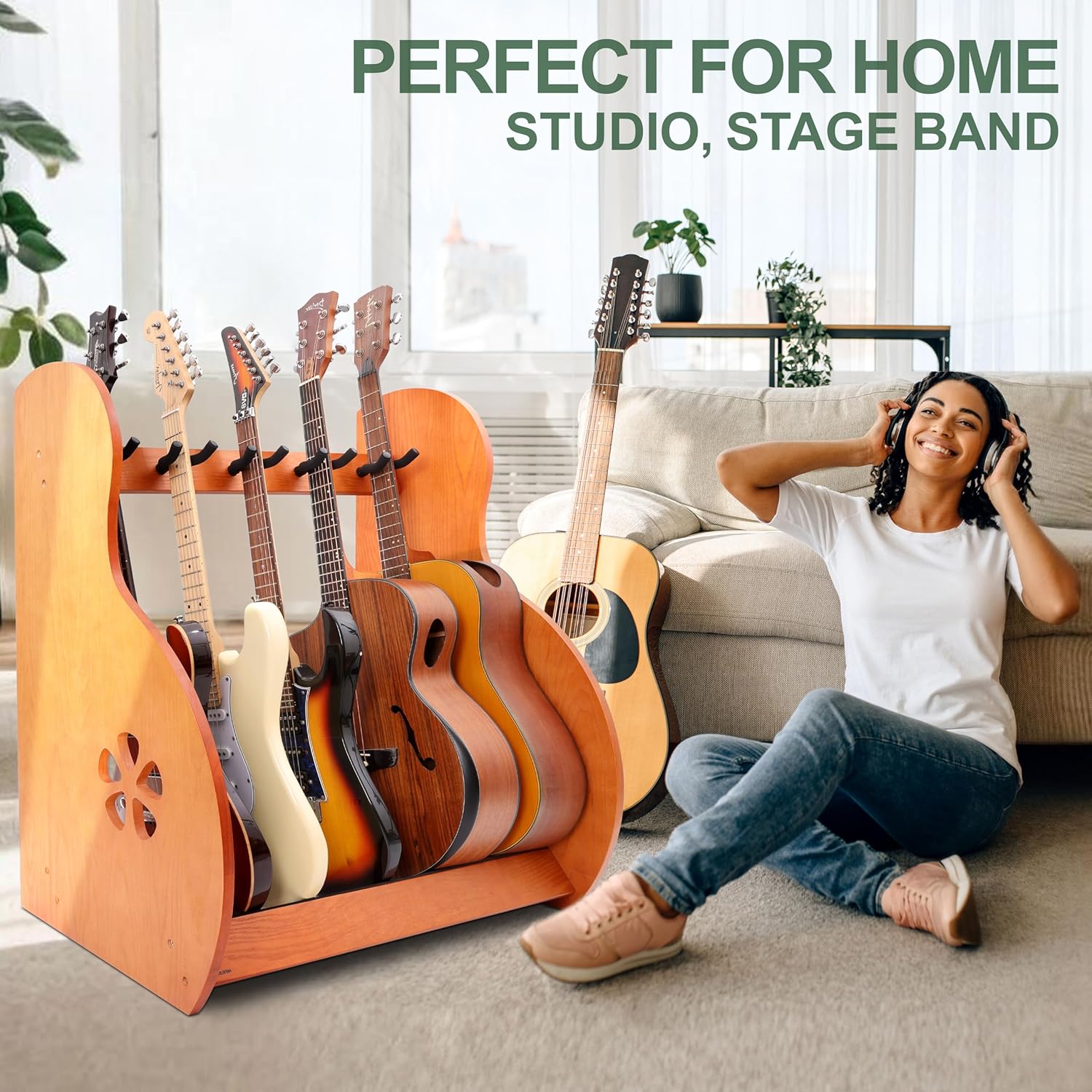 Nefelibata Multi-Purpose Guitar Stands 5 Wooden Guitar Rack Floor Stand for Guitars and Cases, Electric Guitars, Acoustic Guitars, Bass Guitars, Cellos - German Ash-Brown