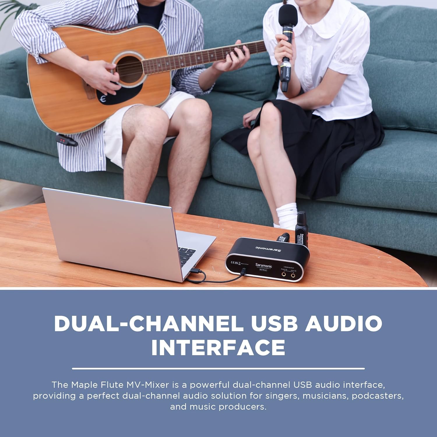 Saramonic MV-Mixer Dual-Channel XLR Audio Interface Mixer for Mac PC Recording Studio Singers Musicians Podcasters Guitar Sound Equipment, Real-Time and Playback Monitoring Music Production Software