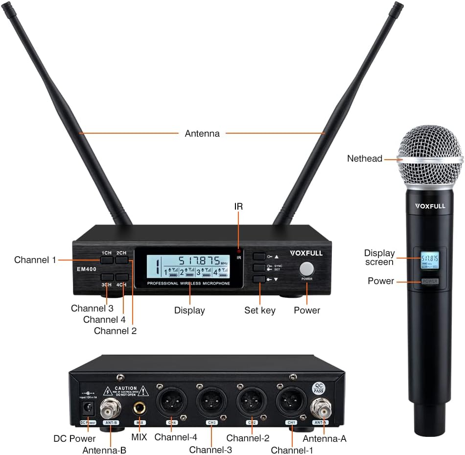 4 Channel UHF Wireless Microphone Cordless Handheld Microphones Professional for Singing Karaoke Church 4x100 Adjustable Frequency(328FT)
