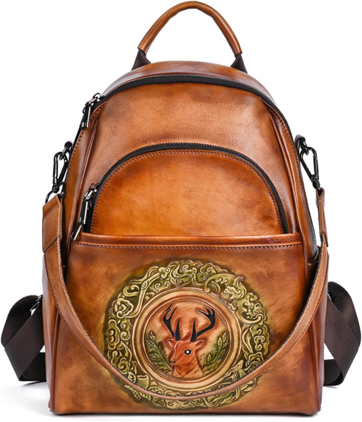 Frankmate Vintage Leather Backpack Purse for Women, Women Shoulder Travel Daypack for Hiking Deer Pattern