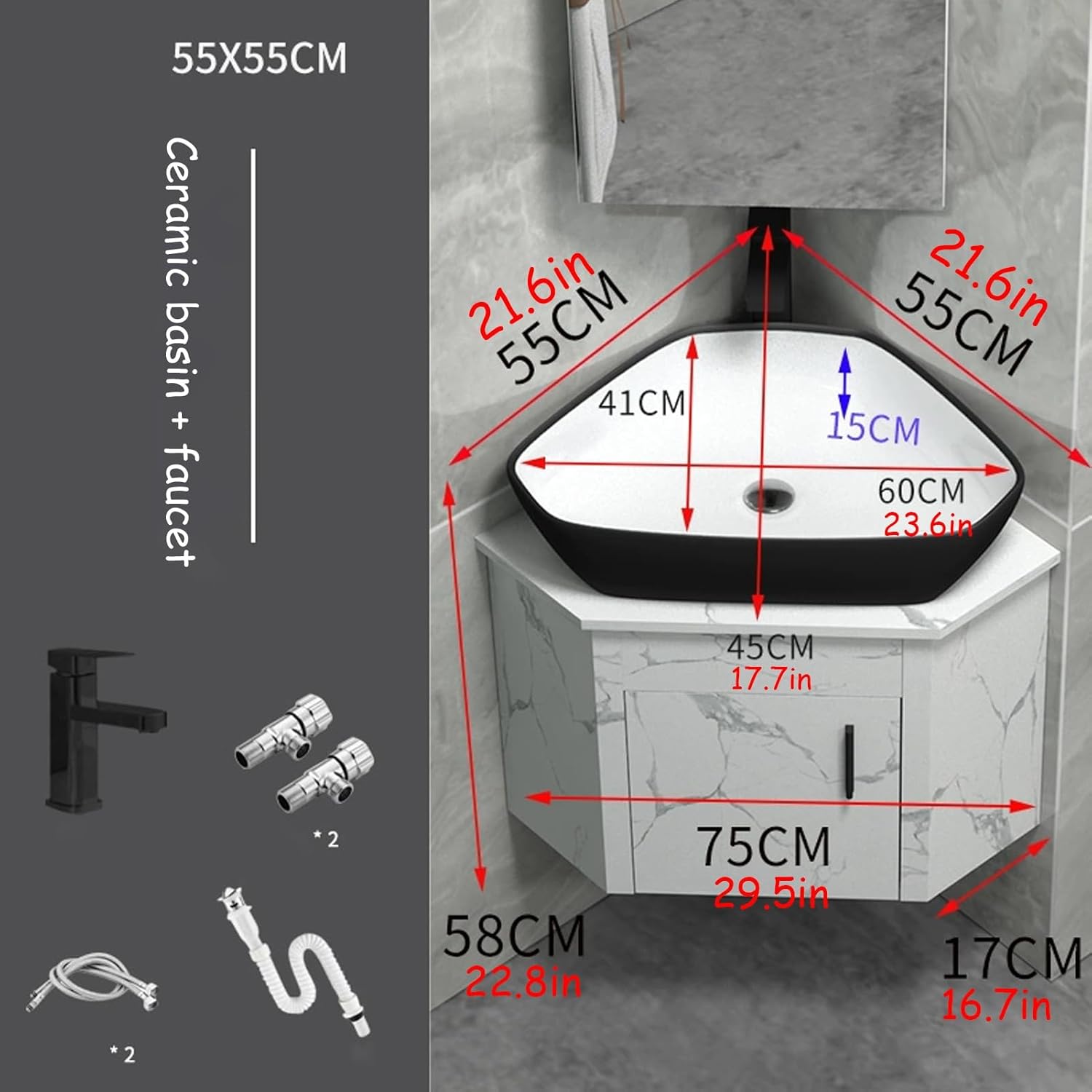 Corner Bathroom Sink, Ceramic Basin Wall Mount Vanity, Floating Wash Basin, Corner Pedestal Sink for Small Space, Bathroom Sink with Storage Container(White)