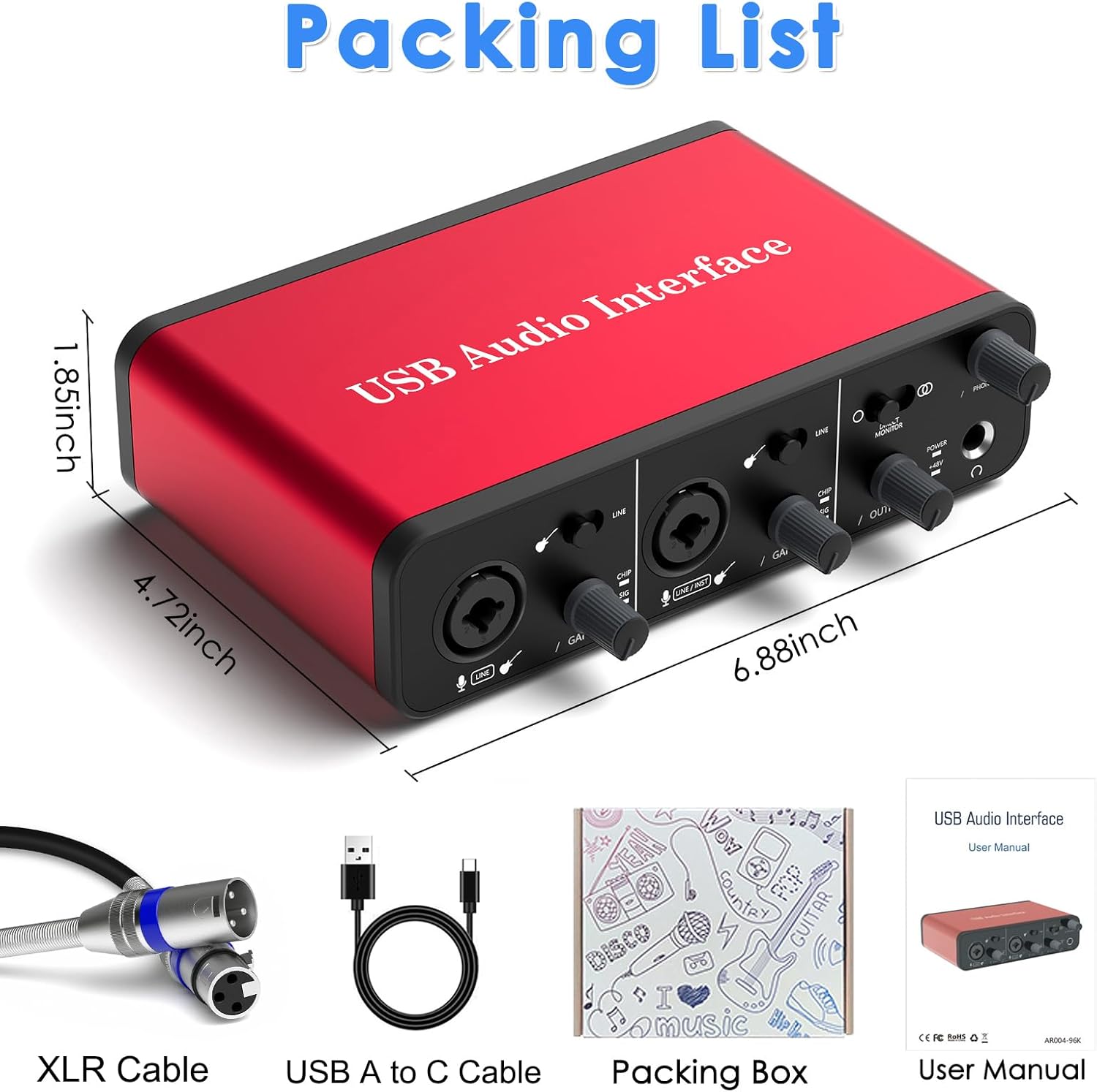 USB Audio Interface – 24Bit/192kHz Studio Recording, 48V Phantom Power – Compatible with DAWs, Perfect for Music, Podcasting & Voiceovers (Mac/PC)