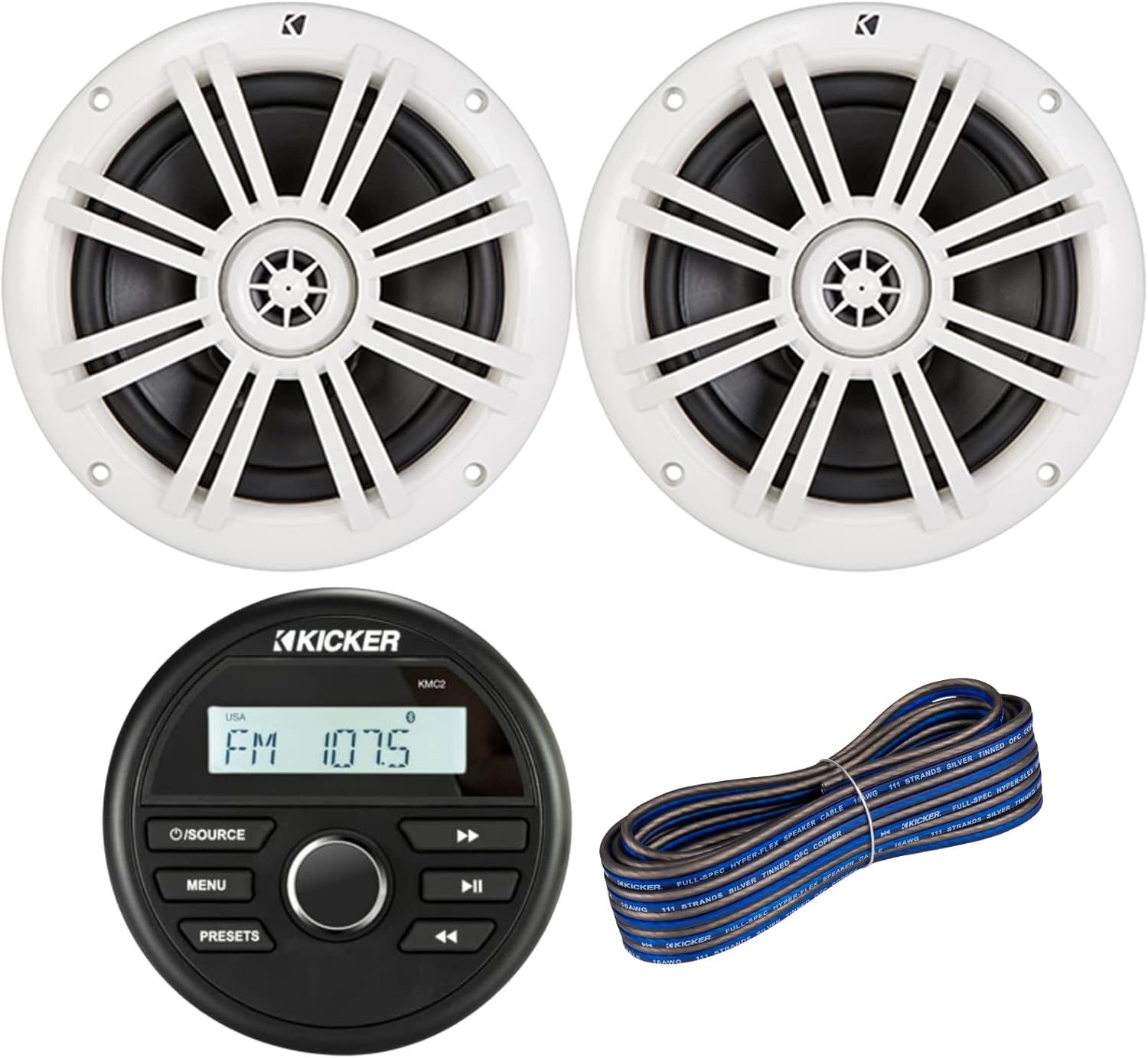 Kicker All-Weather Marine Gauge Style Bluetooth USB Stereo Receiver Bundle Combo with 1 Pair (QTY 2) 6.5