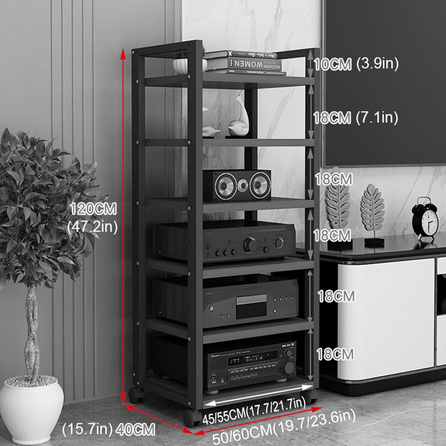 Movable Media Stand Media Storage Shelves, 5/6-Tier Audio Video Media Stand Cabinet and Mobile Wheels, Storage for Entertainment Stereo Component