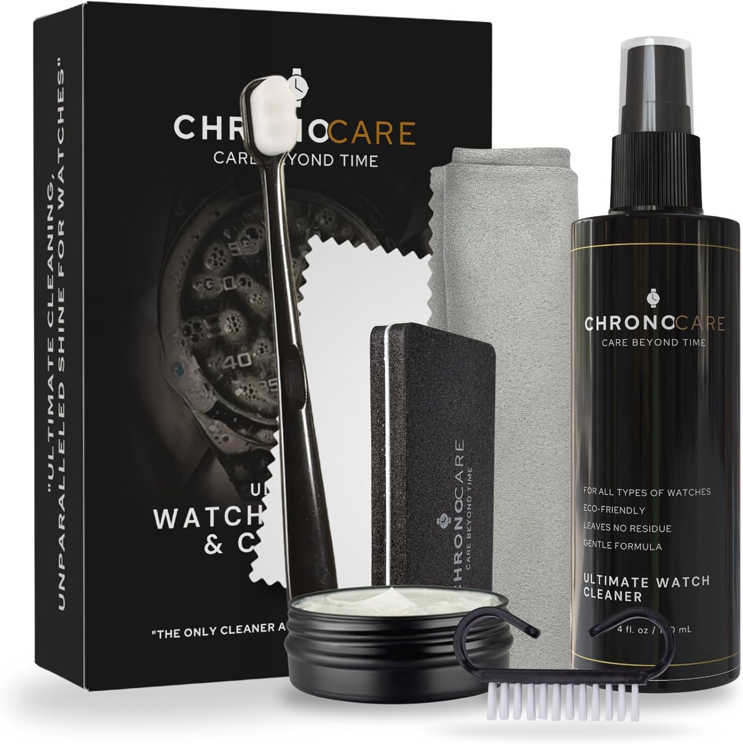 Watch Polishing & Cleaning Kit – Scratch Repair Cream, Polishing Cloth, Cleaner Spray, Matte Renewal Sponge, Brush & Premium Drying Towel – Safe for All Luxury Metal Watches – Complete Restoration Set