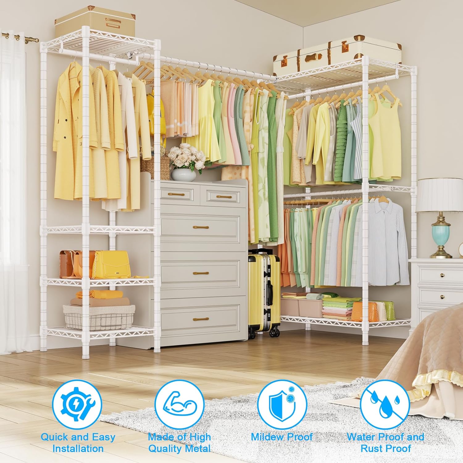 E10L L-Shaped Clothes Rack for Corner（With Expandable Hanger Rod）Heavy Duty Freestanding Clothing Racks for Hanging Clothes，Portable Garment Rack 58-82