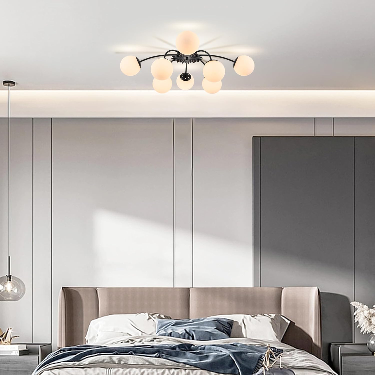 8-Light Mid Century Sputnik Semi Flush Mount Ceiling Lights Black, 32.9 in. Milk Glass Globe Light Blossom Accent Glass Bubble Chandeliers Light Fixture for Dining Bedroom Living Entry