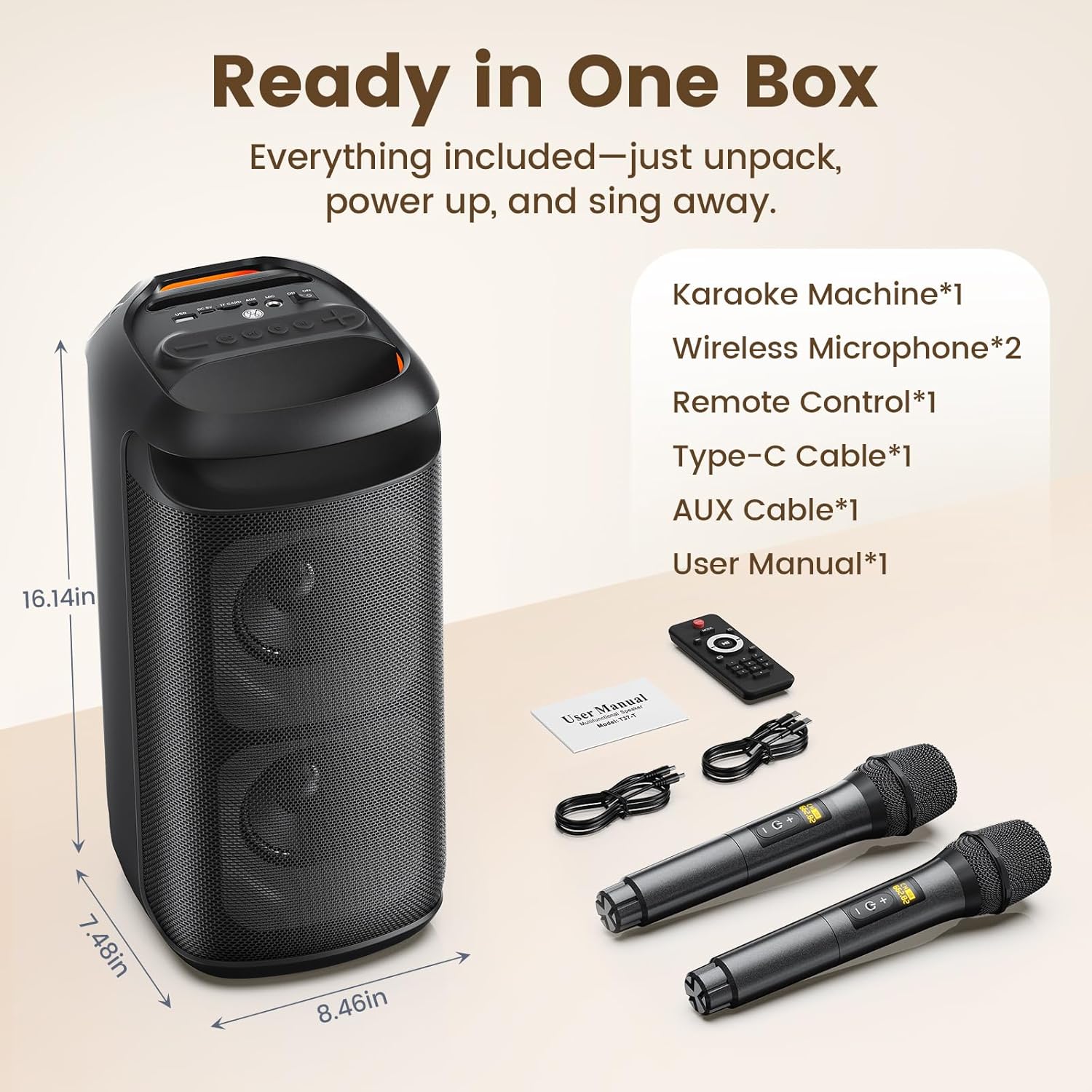 Karaoke Machine with 2 Wireless Microphones, Portable Bluetooth Karaoke for Adults, Powerful Dual 8
