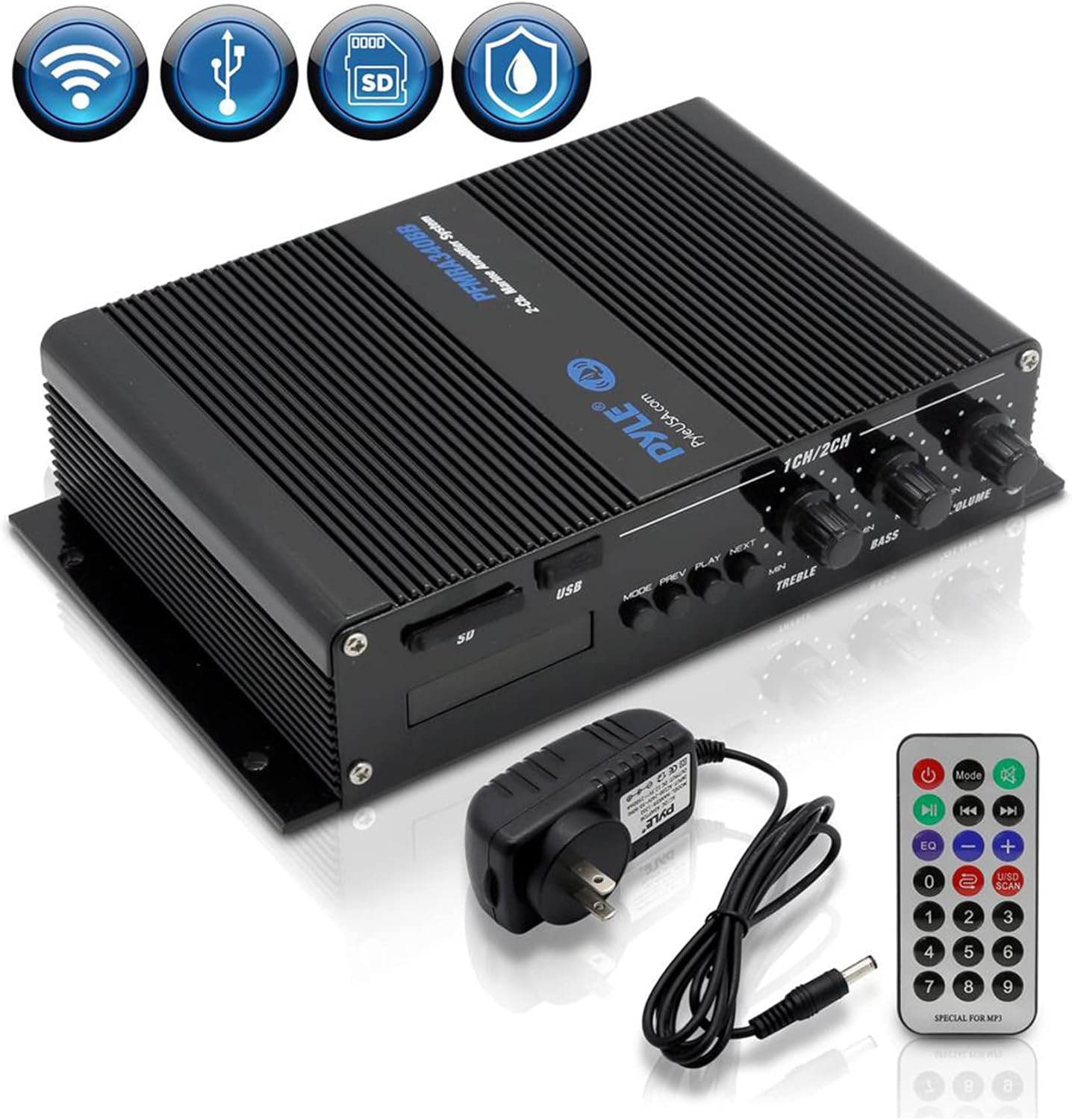 Pyle 2-Channel Bluetooth Audio Marine Amplifier-200 Watt Power Compact Weather Resistant Audio Amp Wireless Receiver System w/MP3,USB,SD Reader,LCD Digital Screen-Pyle(PFMRA340BB.5)