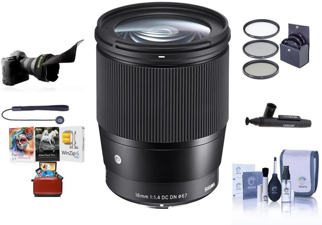 Sigma 16mm f/1.4 DC DN Contemporary Lens for Micro Four Thirds, Black, Bundle with ProOptic 67mm Filter Kit, Flex Lens Shade, Cleaning Kit, Cap Tether, Lens Cleaner, Mac Software Kit