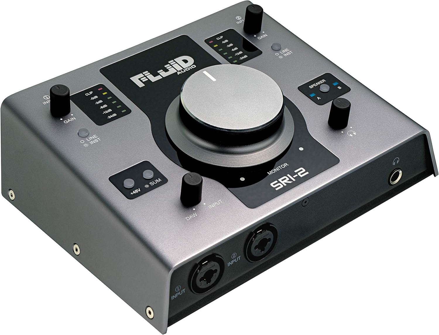 Fluid Audio SRI-2 : 2x2 USB desktop wedge w/24-bit/192kHz + 48v Phantom Power + 2X stereo monitor outputs + 2X Class A mic pres + Giant volume knob