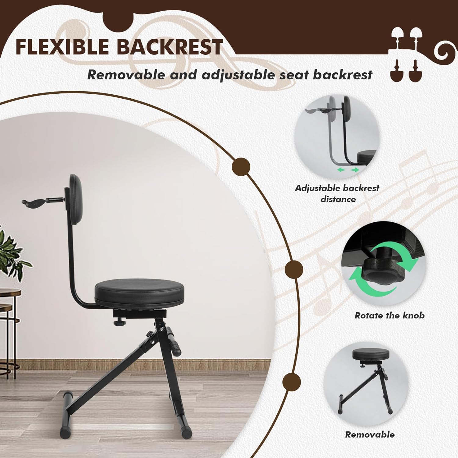 Guitar Stool with Back Support, Height Adjustable Professional Seat with Hanger, Musician Stool Guitarist Throne Guitar Chair, Black