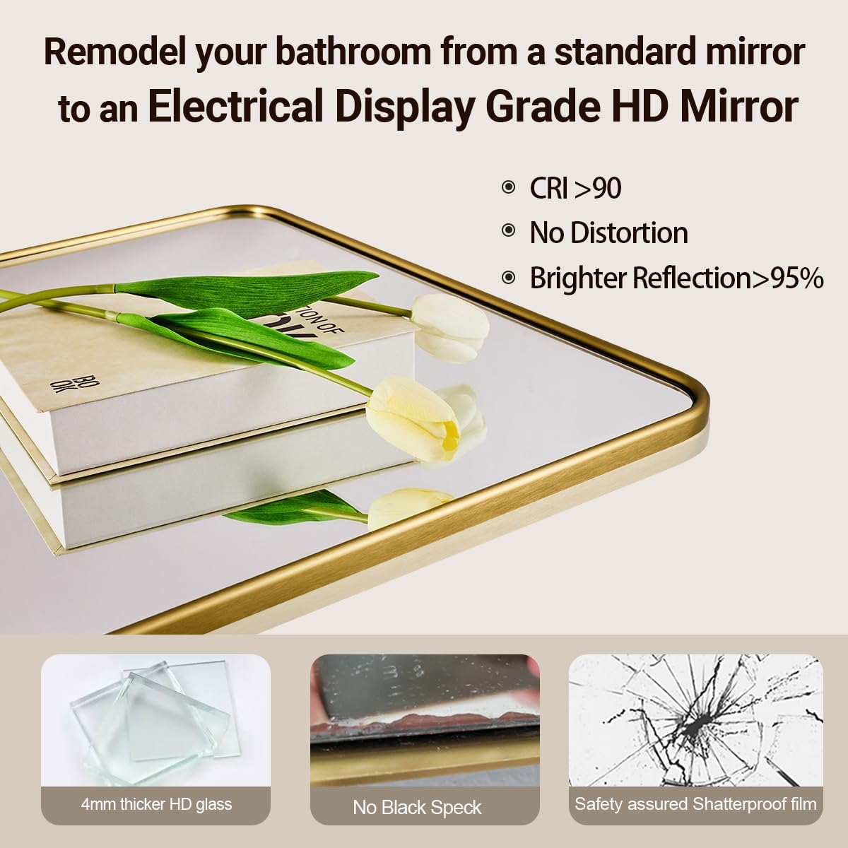ANDY STAR Gold Bathroom Wall Mirror, 24x36 Inch Rectangle Mirror for Bathroom with Rounded Corner, Brushed Brass Rectangular Vanity Mirror with Anti-Rust Tube Metal Frame, Contemporary, Wall Mount