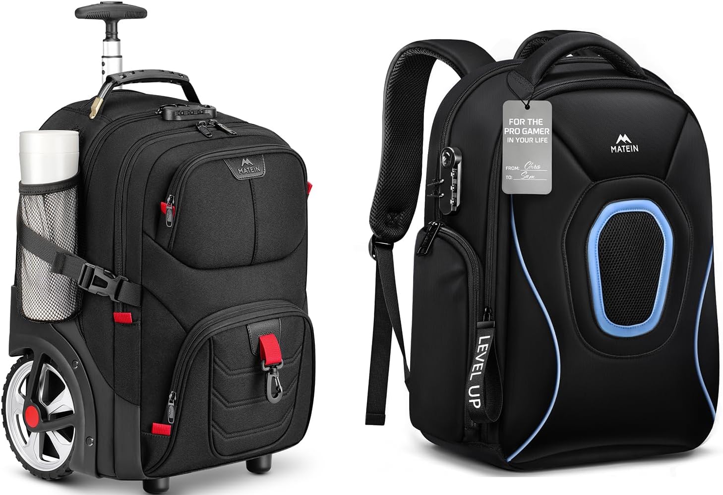 MATEIN Rolling Bag with Wheels, 17 Inch Extra Large Laptop Roller Backpack, Protective Gaming Backpack for Men 17 Inch, Gaming Laptop Bag Set 2pcs Includes Tech Pouch