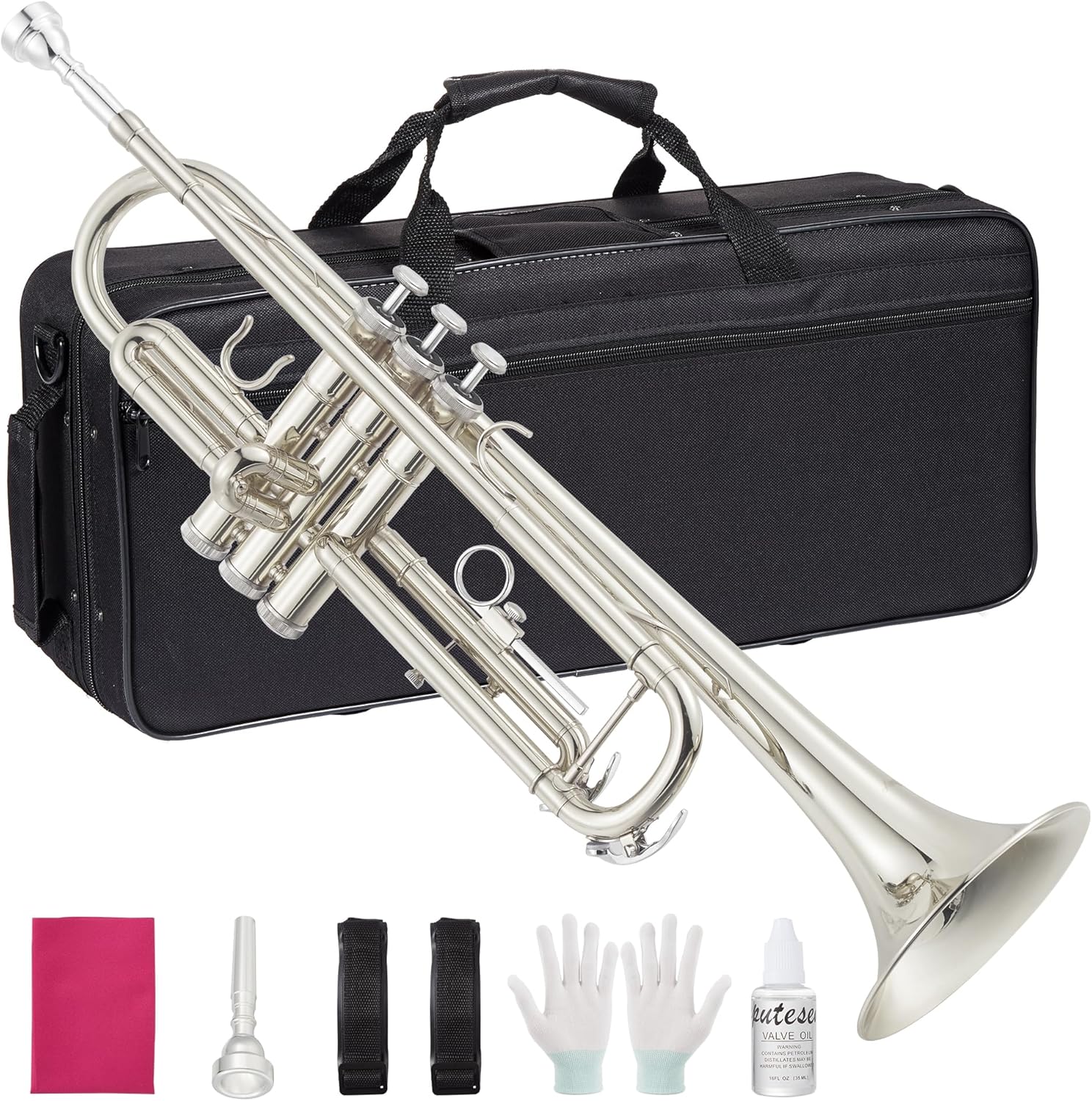 Trumpet Instrument, Band & Orchestra Musical Instruments for Beginners or Advanced Students (Nickel-Plated)