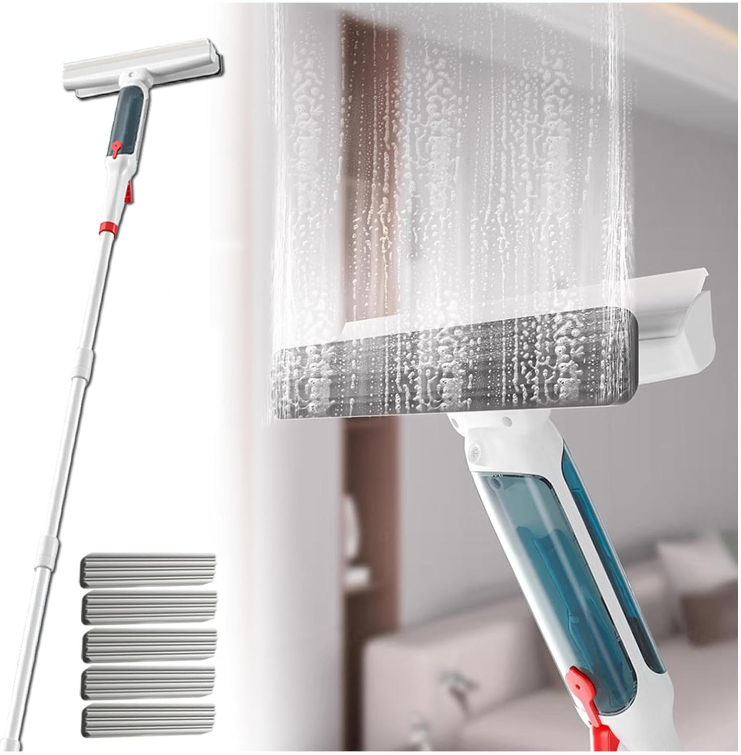 75'' Spray Window Cleaning Squeegee Kit with 4-Section Extension Pole, 4 in 1 Professional Window Cleaning Kit Shower Squeegee with Sewage Collector and 5 Pads