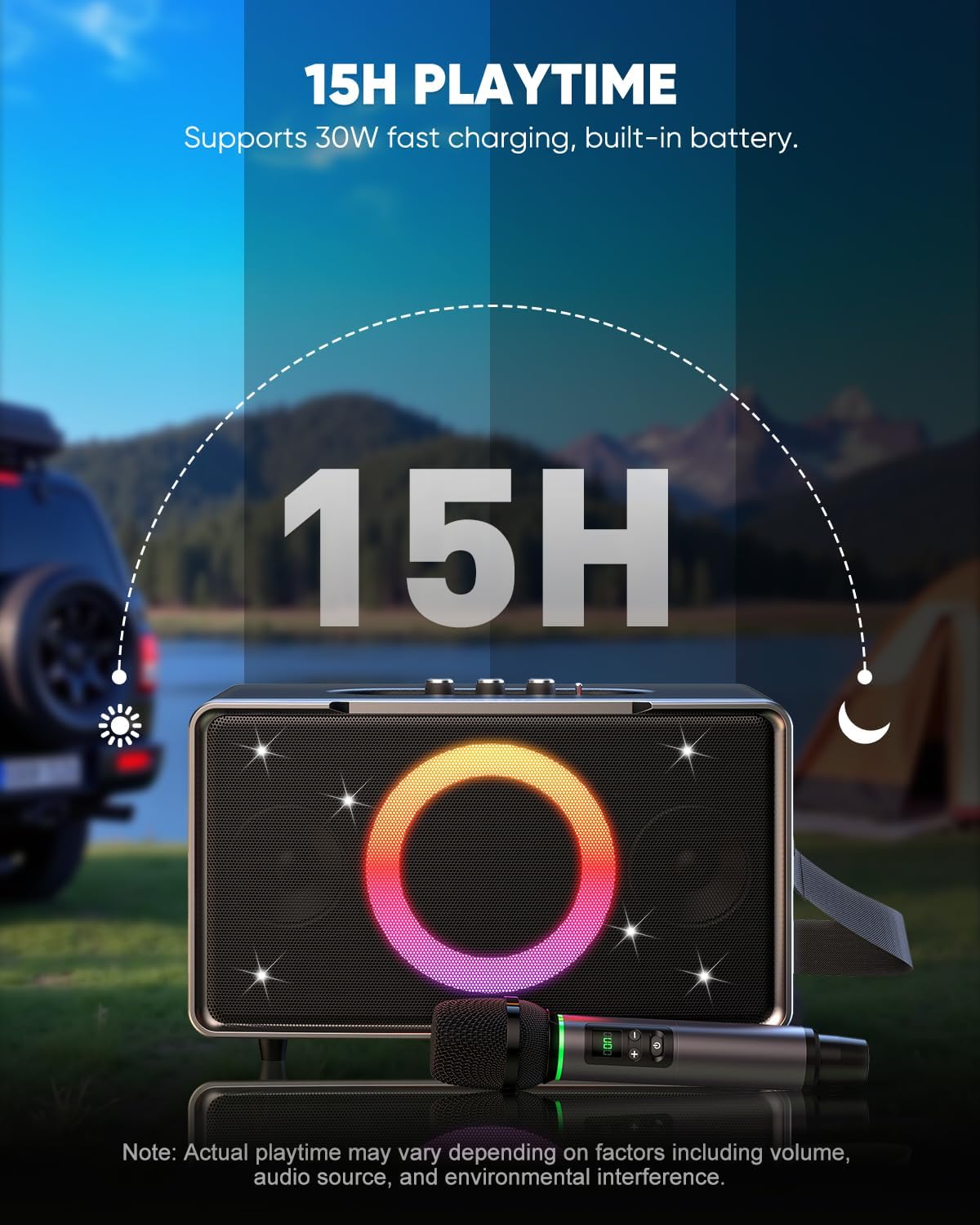 GFEEN Portable Bluetooth Speaker: 100W Peak, Deep Bass, 15H Playtime, Large Party Wireless Speakers, Powerful Loud Sound, Light Show, Fast Charging for Outdoor, Backyard, Home(Silver with 1Mic)