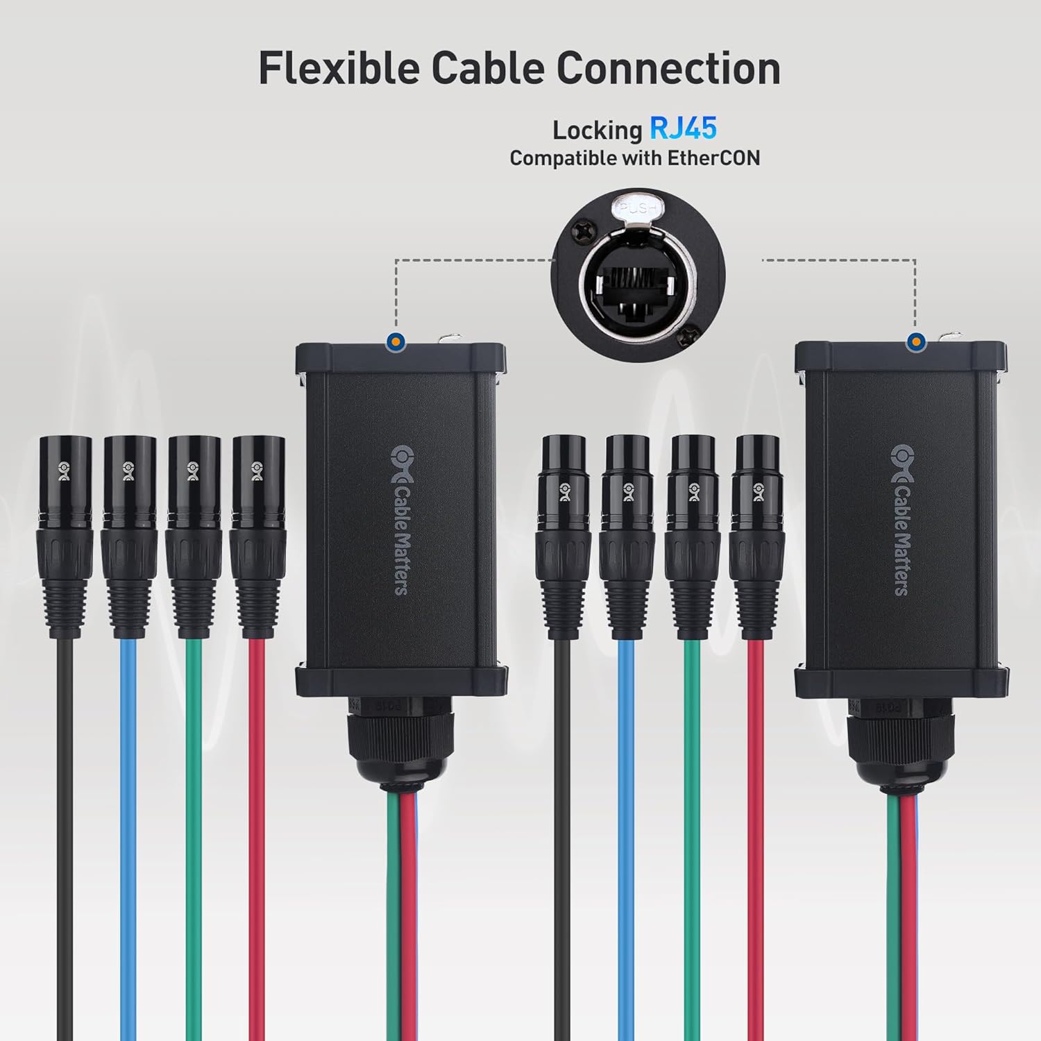 Cable Matters XLR Audio Over Ethernet Snake with 2 Boxes - 4X XLR Male Pigtail Box and Female Pigtail Box Black & hielded Cat6 Ethernet Cable Compatible with EtherCON RJ45 Connectors in Black - 50 ft