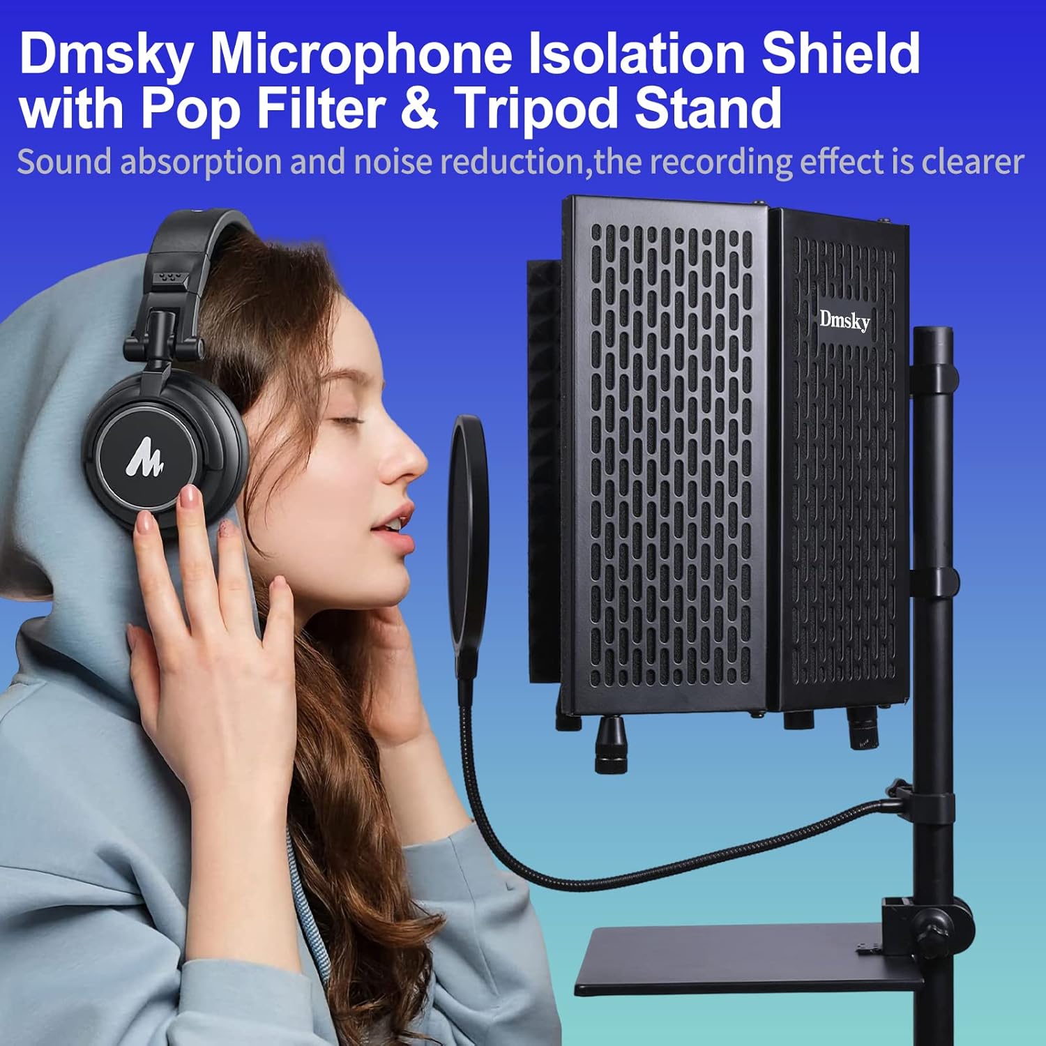 Dmsky Microphone Isolation Shield with Pop Filter & Tripod Stand, Foldable Mic Shield with Triple Sound Insulation, High Density Mic Sound Shield for Recording Studio, Podcasts, Singing, Broadcasting