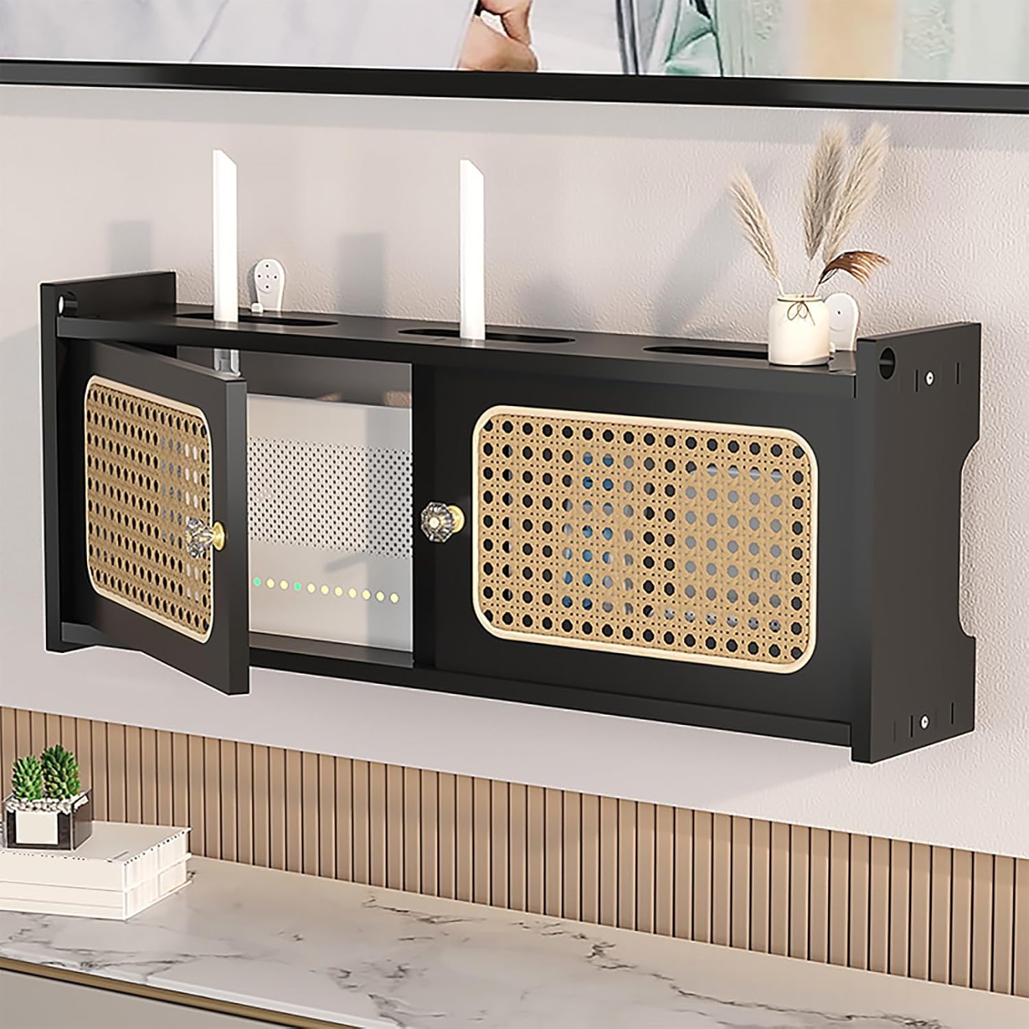 Wall-Mounted Rattan WiFi Router Shelf, Decorative Modem & Cable Organizer Box, Cable Power Plug Wire Storage Boxes, Invisible Storage Multi-Layer Shelves for Home(Black,60*11*23cm/24*4.3*9in)