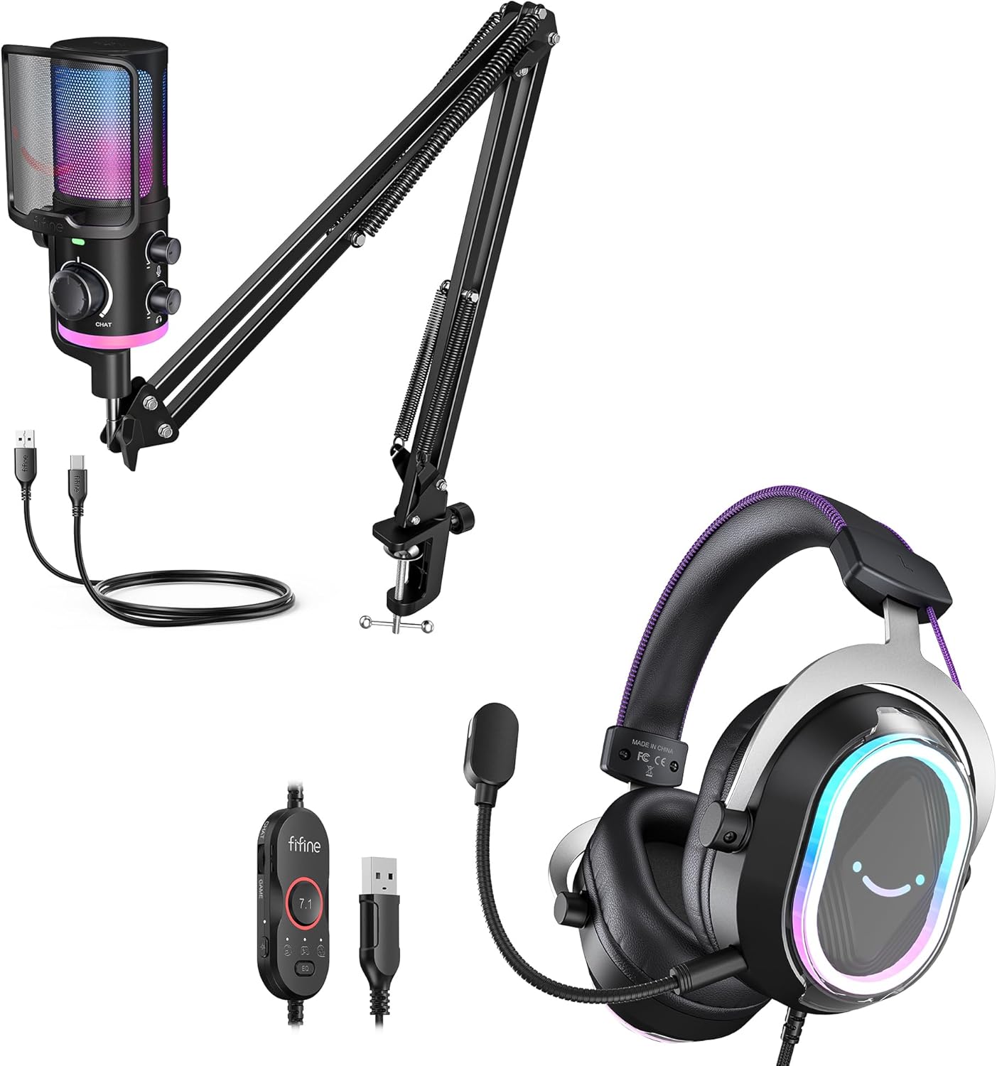 FIFINE USB Microphone Set with Gaming Headset, Streaming Condenser Mic with Boom Arm,Game/Chat Bias,Gaming Headset with 7.1 Surround Sound for PC, PS5, Podcast,YouTube (AM6T+H13BP)