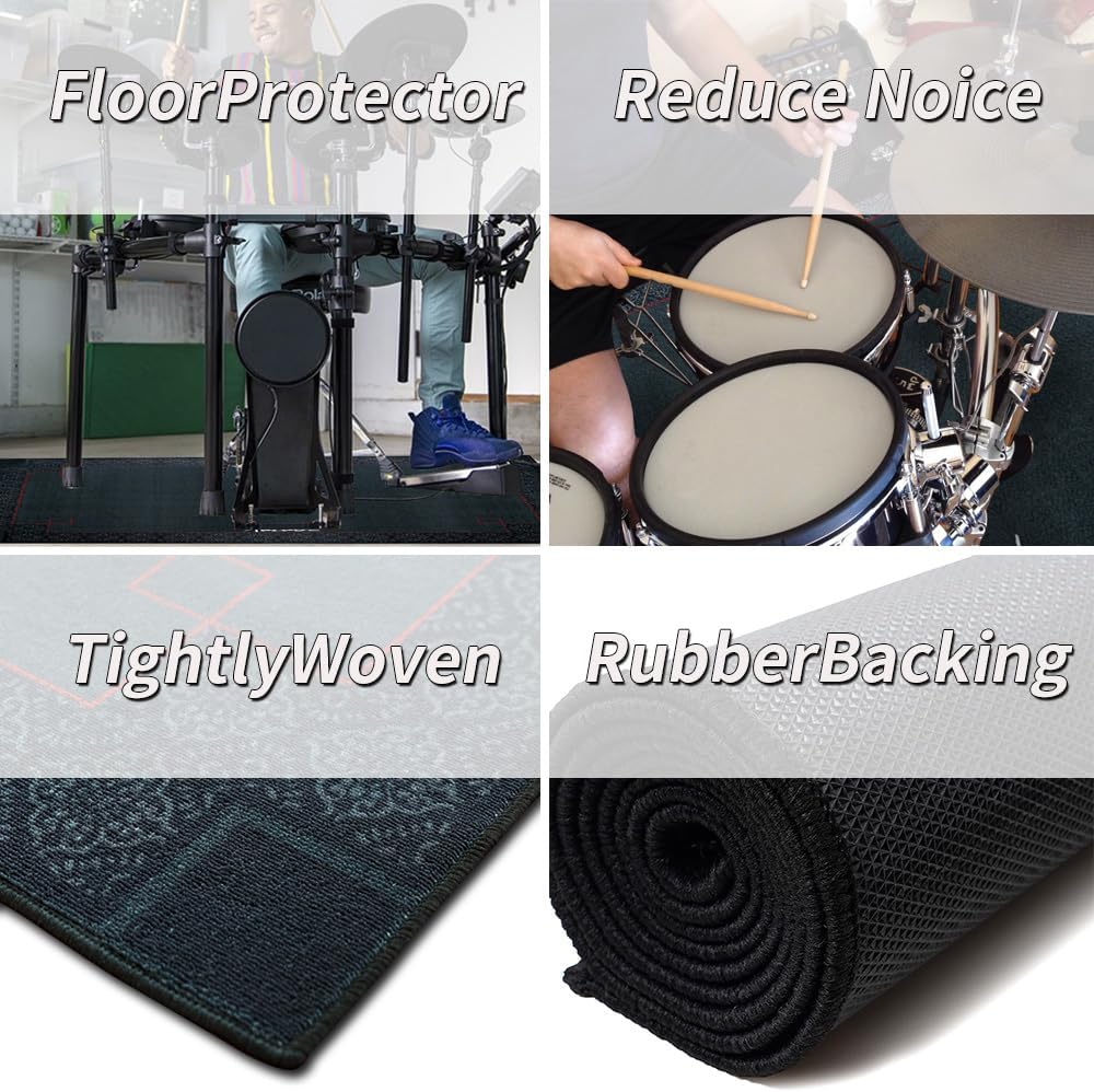 Aucuda Medal Drum Rug 4x6ft Drum Mat Outdoor, Tightly Woven Fabric Cool Drum Set Carpet with Non-Slip Grip Bottom, Electric Drum Accessories for Bedroom, Studio, Apartment, Soundproof, No Crease.
