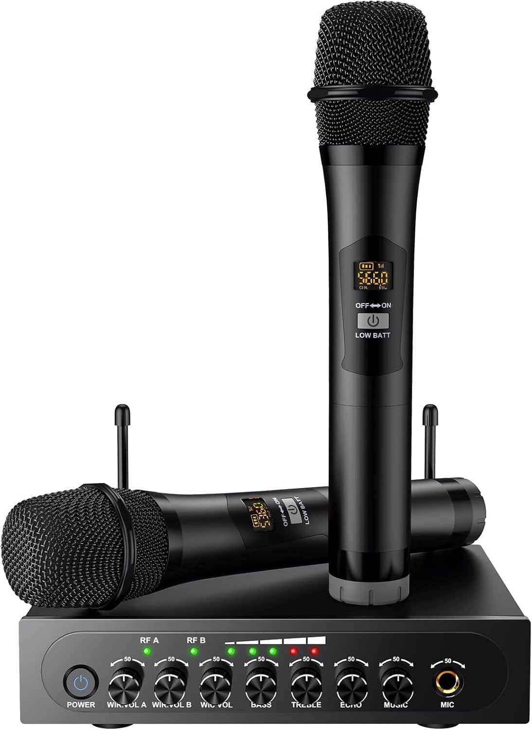 PROZOR UHF Wireless Microphone with Volume Treble Bass Echo Control, Wireless Rechargeable Mic Dual Handheld Dynamic Mic System (Bluetooth UHF Base Station – Echo/Treble/Bass Control)
