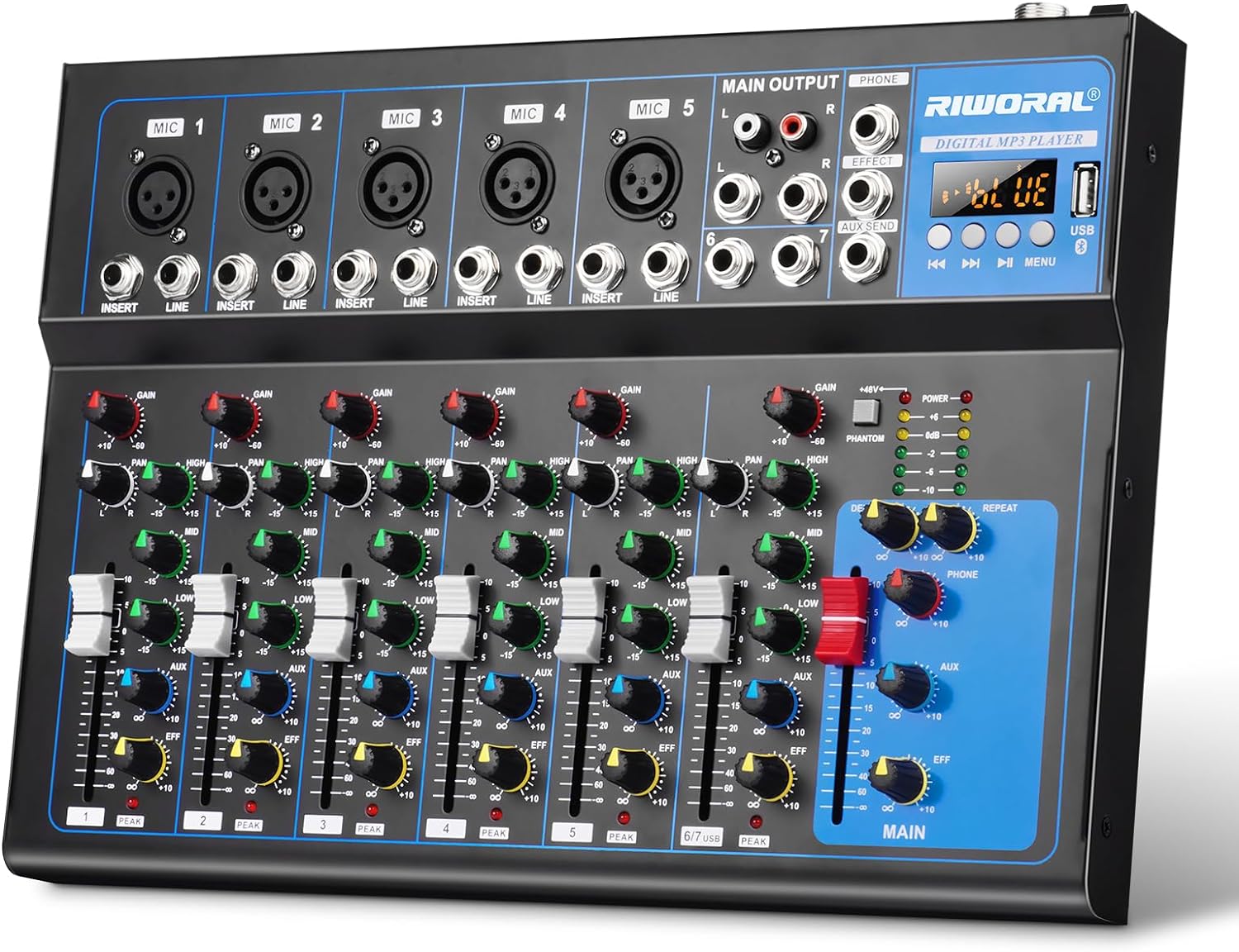 7 Channel Audio Interface USB Audio Mixer Sound Board Mixing Console Built In Bluetooth MP3 Computer Input +48V Phantom Power Mixer Audio For Karaoke Dj Stage Streaming Studio