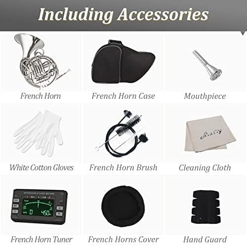 Double French Horn F/Bb 4 Keys Nickel plated＆Gold Craft Lacquer Brass French Horn With French Horn Case, Mouthpiece, Gloves, Cleaning Cloth and Brush (Sliver)…