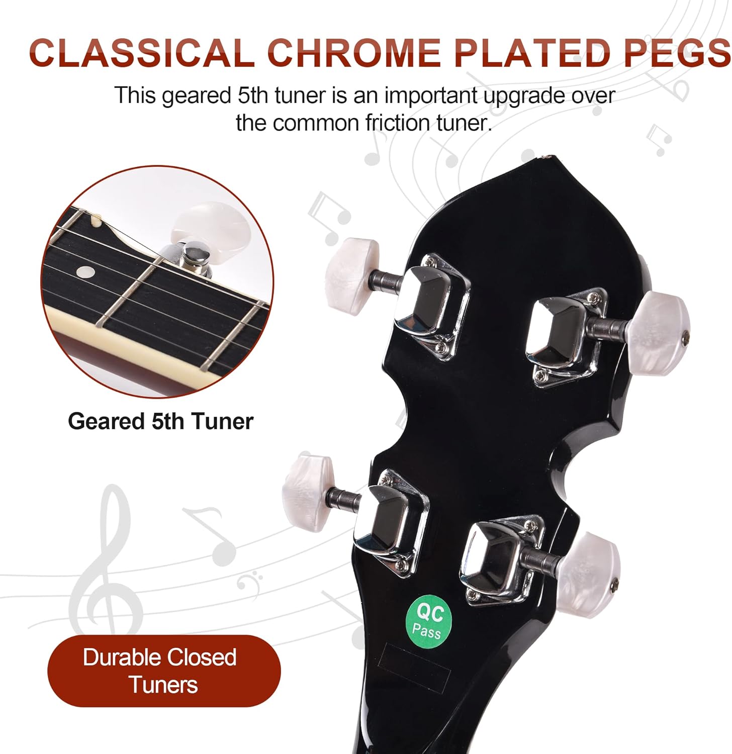 Mulucky 5 String Banjo - Large Size with 24 Brackets, Closed Solid Wood Back, Mahogany Resonator Banjos, Geared 5th Tuner, Package with Beginner Kit - B1107-P