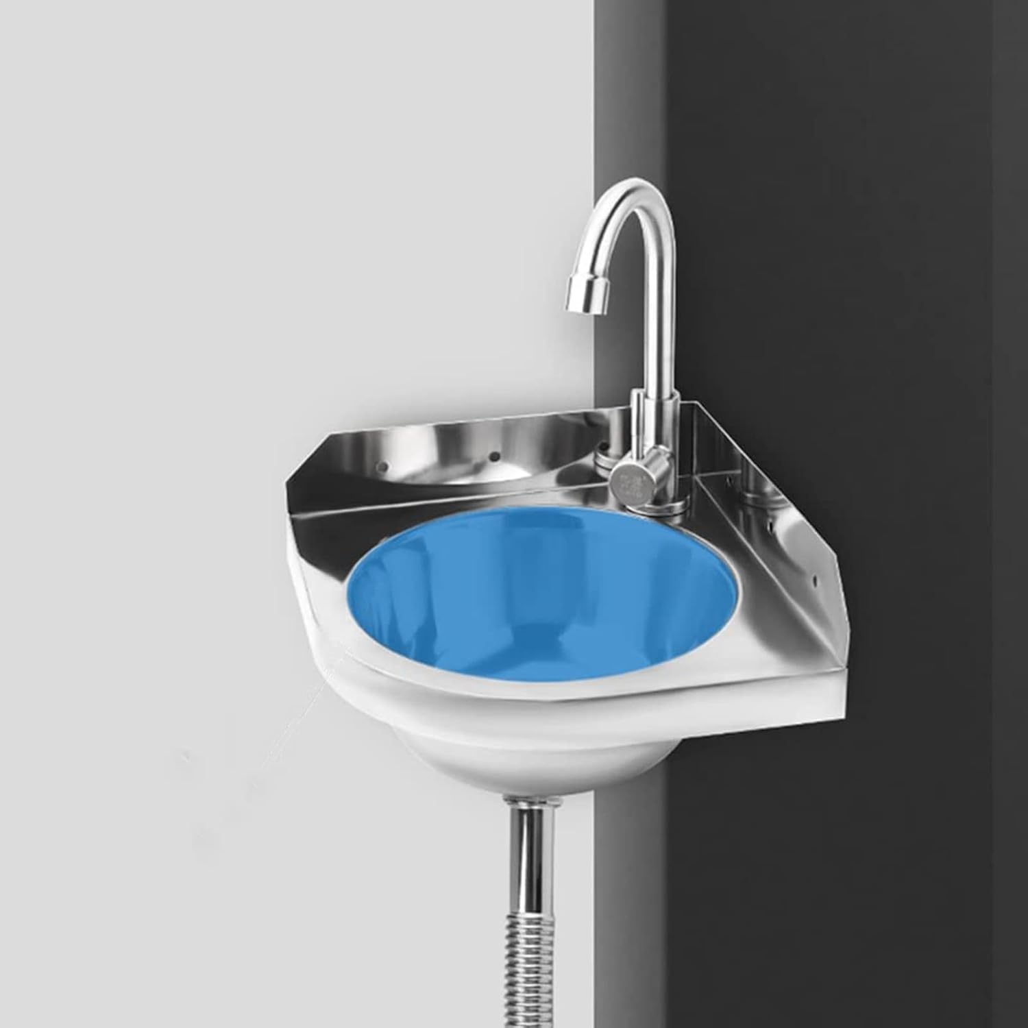 Commercial Hand Wash Sink with Hot and Cold Water Faucet - Stainless Steel Wall Mount Corner Vanity for Small Apartment Bathroom - Mini Triangle Washbasin