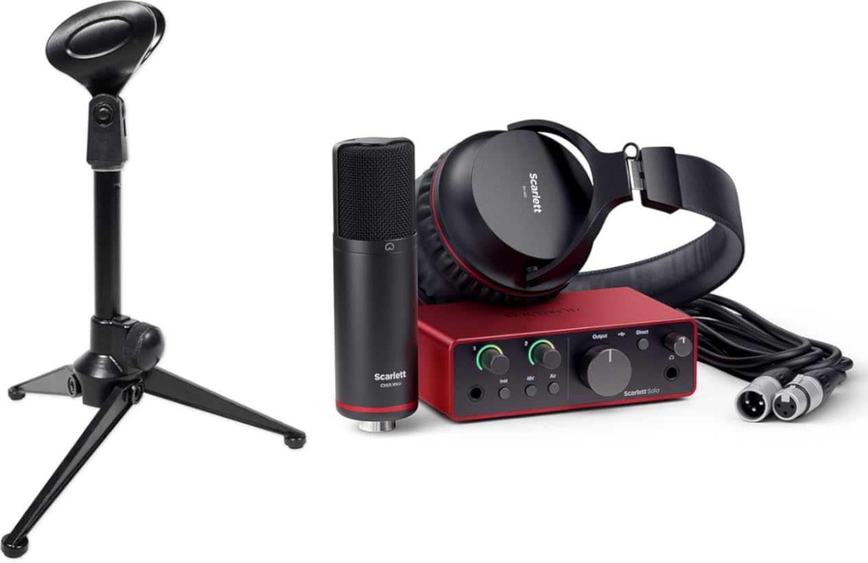 Audiosavings Bundle:(1) Rockville RDTS Studio Desktop Tripod Microphone Stand+Mic Clip Bundle with (1) Focusrite Scarlett Solo Studio 4th Gen Recording Interface+Mic+Pop Filter+Cable (Items 2)