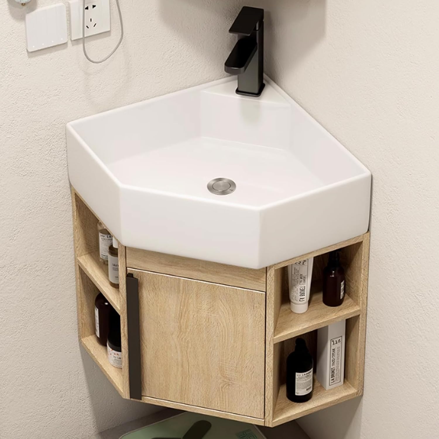 Small Wall Mount Corner Sink,Wall Mounted Freestanding Practical Bathroom Sink,Combo with Corner Mirror Cabinet,Triangle Corner Bathroom Sink,with Cabinet for Home Kitchen Patio Room