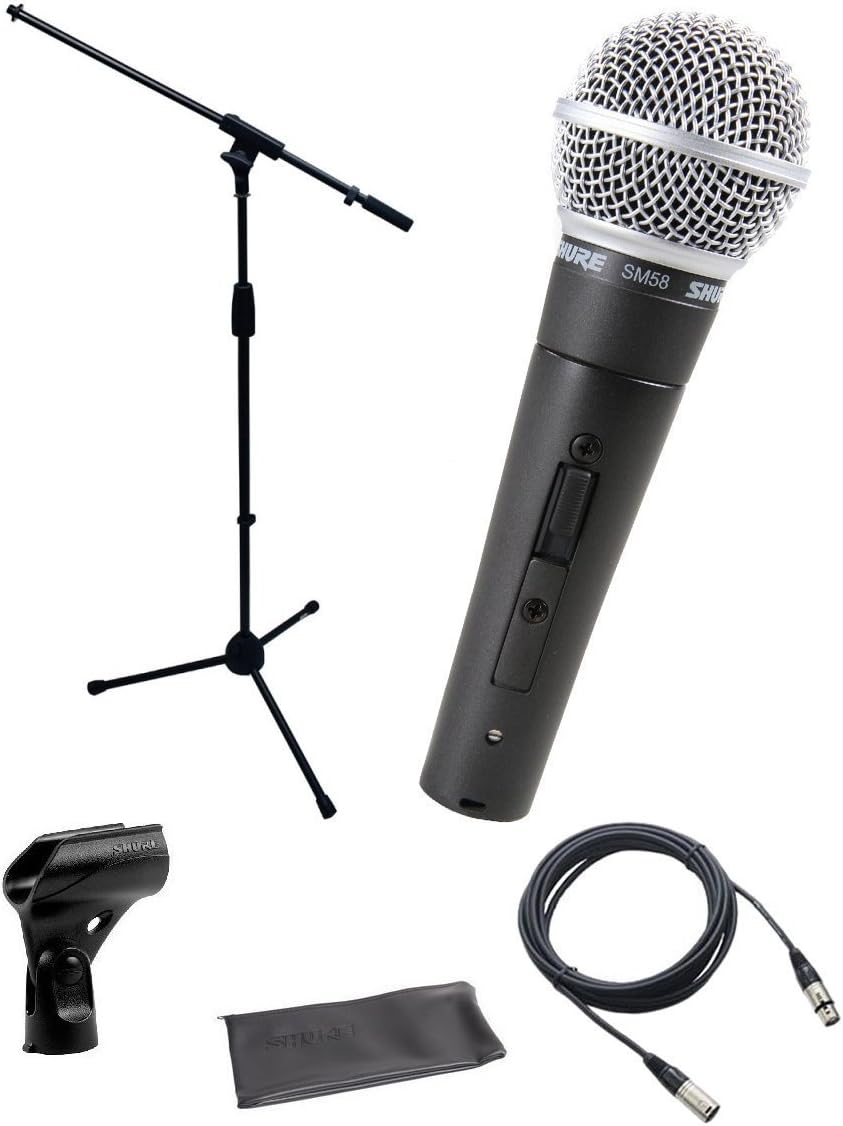 Shure SM58-S Microphone Bundle with on/off Switch, clip and pouch, MIC Boom Stand and XLR Cable