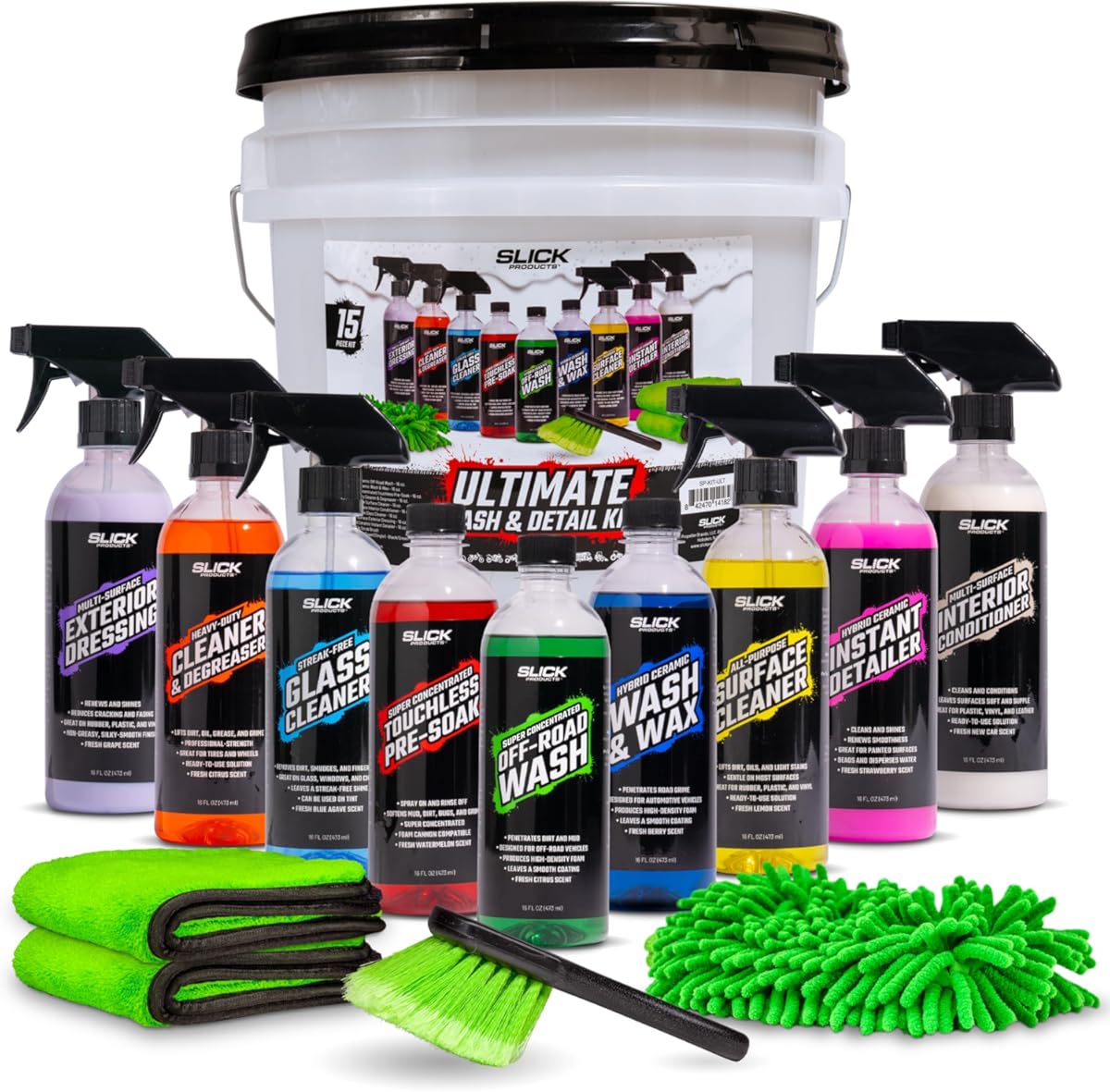 Slick Products Ultimate Wash & Detail Kit (15-Piece) – Complete Set for Cars, Trucks, Dirt Bikes, ATVs, UTVs, Motorcycles & RVs – Includes Washes, Concentrates, Detailers & Accessories