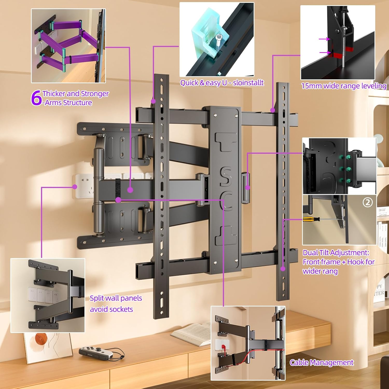 Corner TV Wall Mount for 65 75 77 85 86 inch TVs,Long Arm Full Motion TV Bracket for 50-90 inch， Extension Articulating Arm Swivel and Tilt, Avoid outlets Hold 154lbs，Max VESA 650x600.