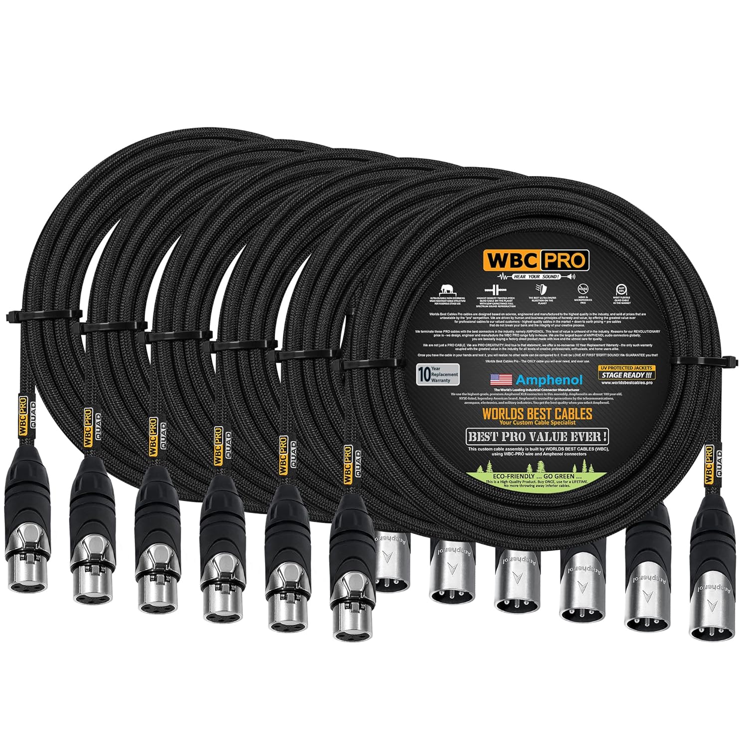 6 Units - 25 Foot - WBC-PRO-Quad Ultra-Silent Ultra-Flexible Balanced Star-Quad Cable with Amphenol Male & Female XLR Plugs & Black Tweed Jacket