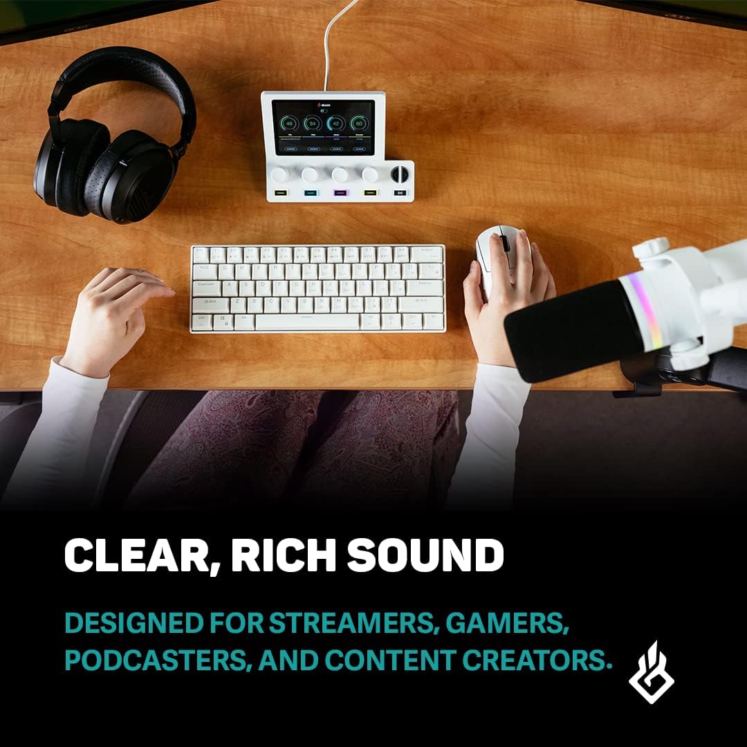 BEACN Light Dynamic USB Mic for PC with The White Mic Stand - Professional Microphone for Podcasts, Gaming and Streaming with Studio-Quality Low Profile Adjustable Micrphone Arm