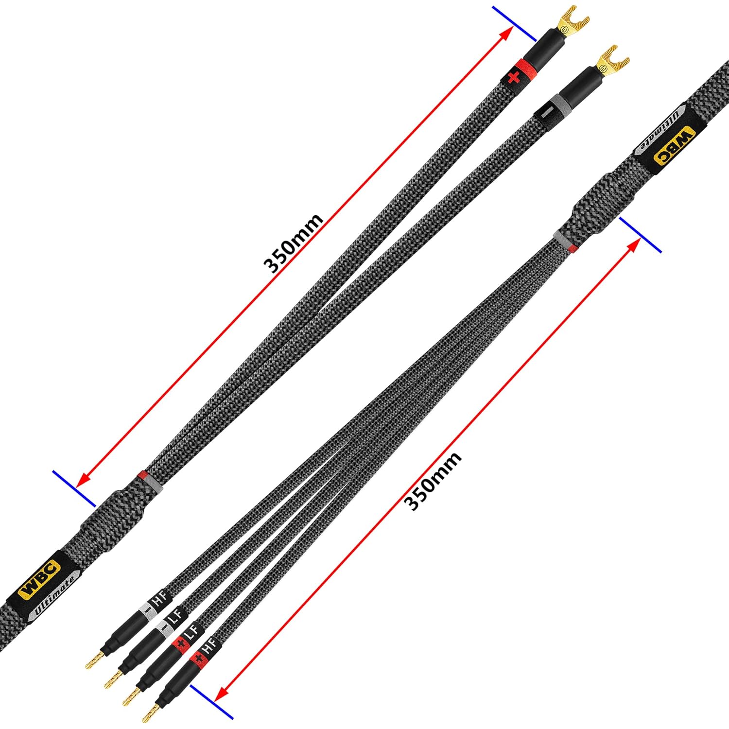 WORLDS BEST CABLES 12 Foot Ultimate - 7 AWG - Ultra-Pure OFC – Extra Premium Audiophile HiFi Bi-Wire Speaker Cable Pair with Eminence Gold Spade (x2) & Banana (x4) Plugs & Carbon Tweed Jacket