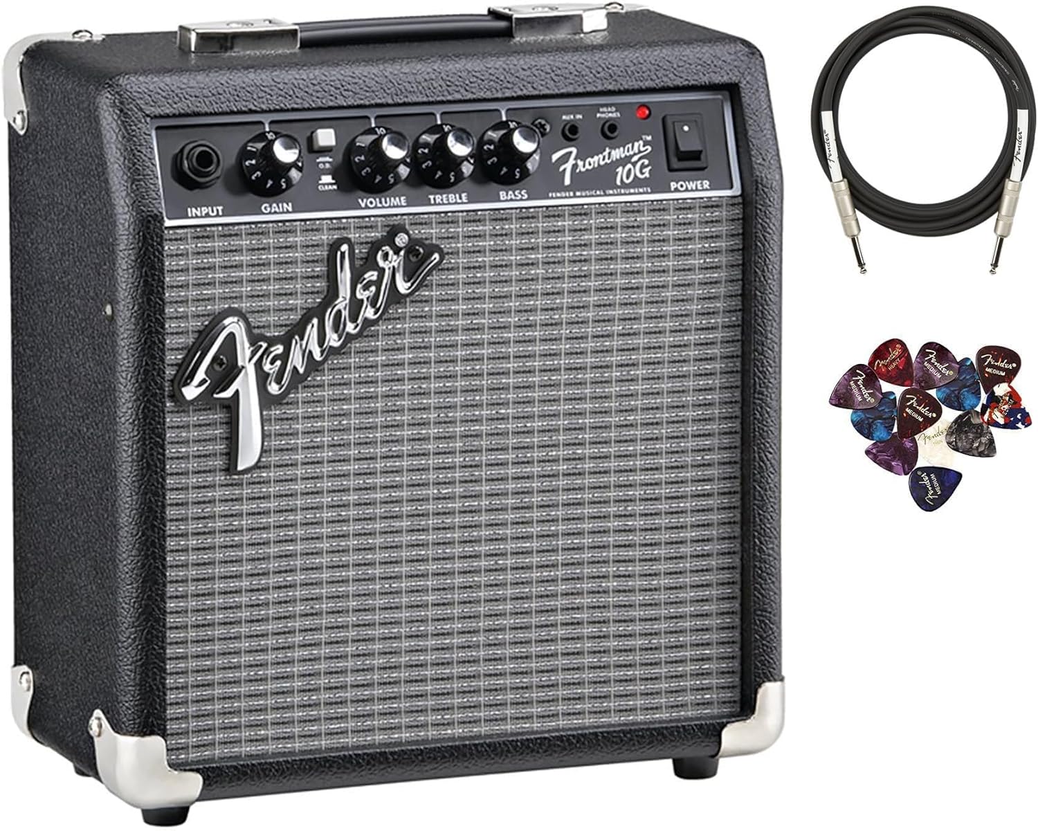 Fender Frontman 10G Guitar Combo Amplifier - Black Bundle with Cable and Austin Bazaar Exclusive 12-Pack Picks