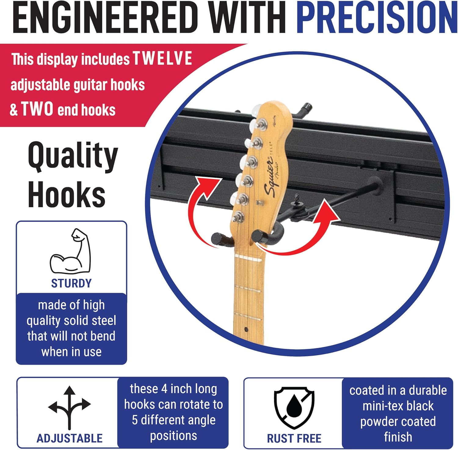 77'' Tall Guitar Rack for Multiple Guitars - Heavy Duty & Free-Standing - Hanging Rack for Instruments - Metal, Modular and Double-Tier - Hanger for Electric, Acoustic, Bass & Ukulele (Black)