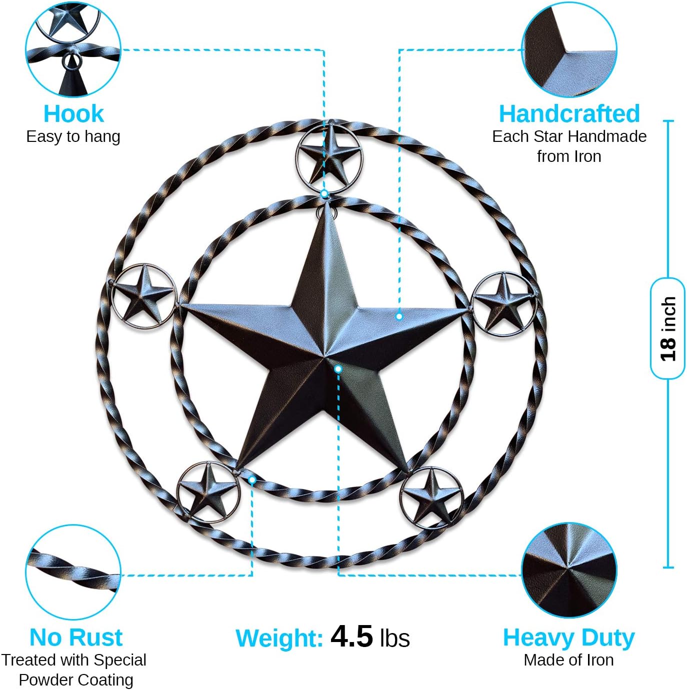 Metal Wall Star Home Decor - Heavy Duty Iron Metal Stars for Outdoor, Large Texas Rustic Vintage Stars, Farmhouse Barn Western Country Art for Kitchen, Bathroom or House Patio (Dark Bronze)