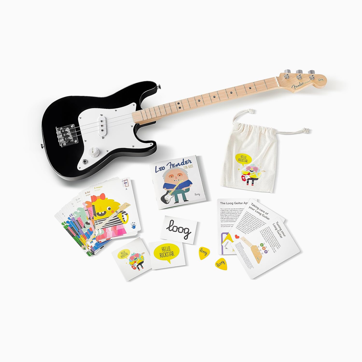 Fender x Loog 3-String Stratocaster Electric kids Guitar 3 string beginner kit (Black)
