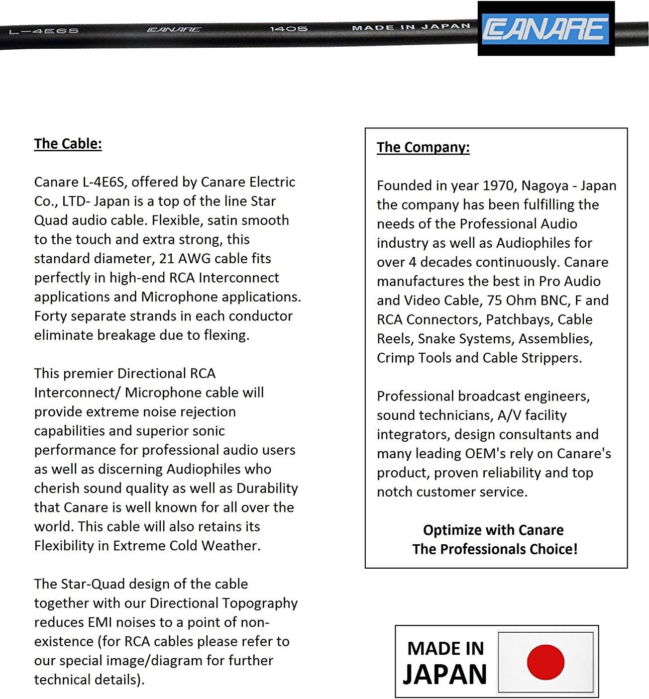 CANARE L-4E6S Microphone Cable, Quad Core, Black Bulk (60 feet)