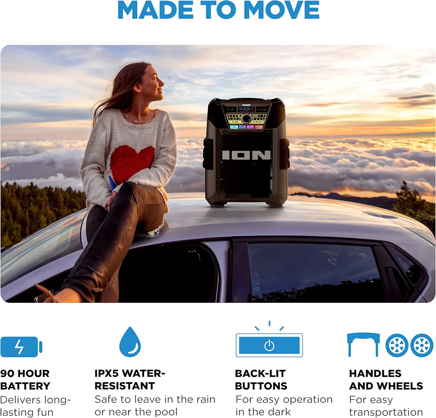 ION Block Rocker XL - Portable Bluetooth Outdoor Party Speaker, 220W, with Karaoke Microphone, Battery, 5 Speakers, Lights, Radio, USB Charging & App