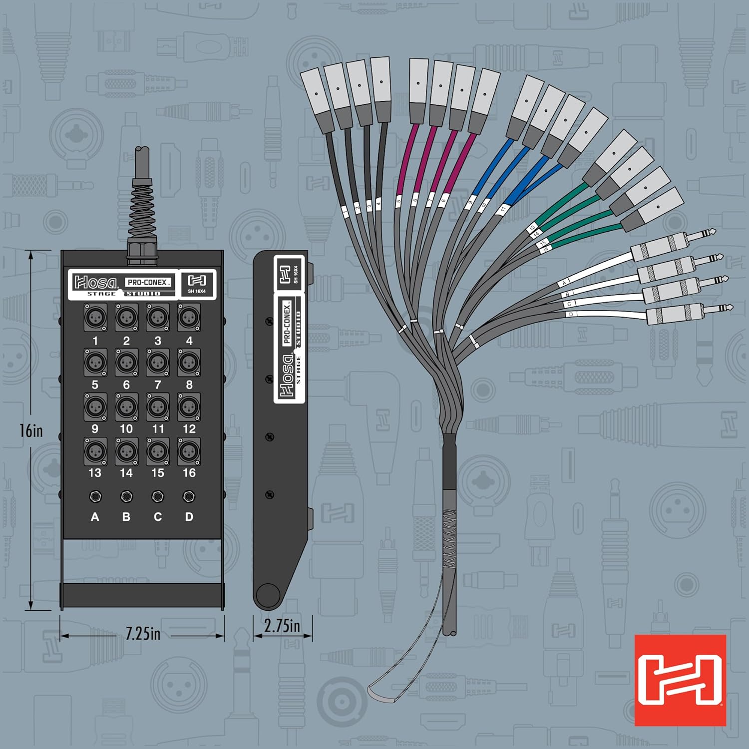 Hosa SH-16X4-25 Pro-Conex Stage Box Snake, Hosa 16 x XLR Sends and 4 x 1/4