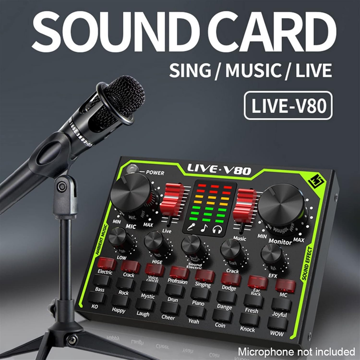 Professional Audio Mixer, Music Recording Audio Gaming Voice Changer Real Time Live Sound Card Multiple Effects Mixer Board with LED Light Chorus Mode