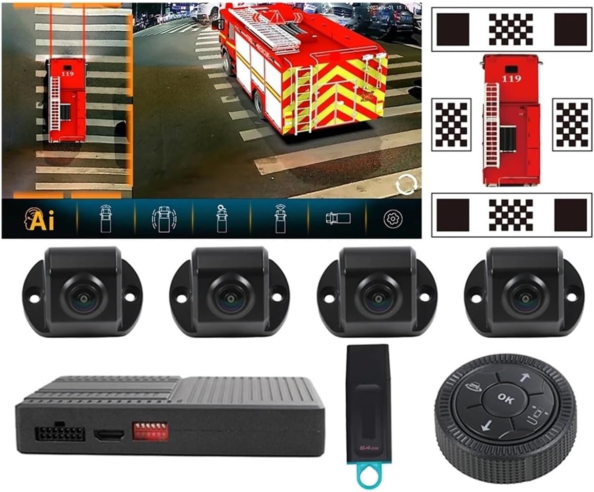 AI 360° Panoramic 3D Bird Eye View Camera Parking Monitor System HD 1080P for 2024 Excavator Camera Electronic Accessories(with Calibration 64G)